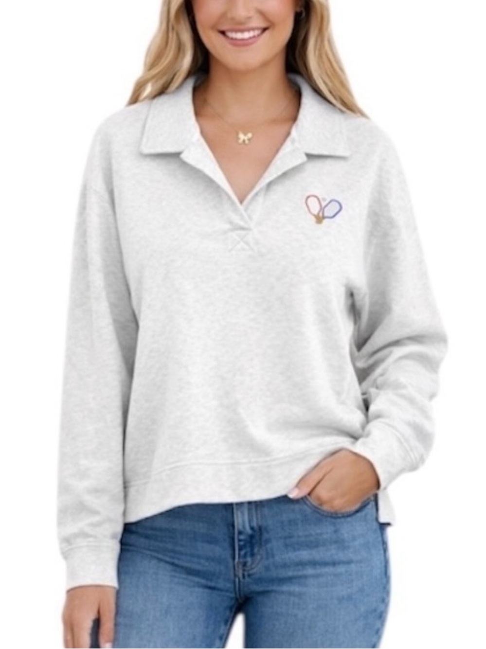 Rae Dunn Light Gray Collared Pullover With Small Embroidered Pickleball Paddles